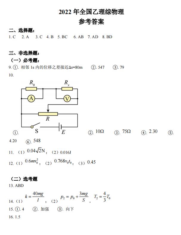 2022年天下乙卷高考理科综合谜底剖析