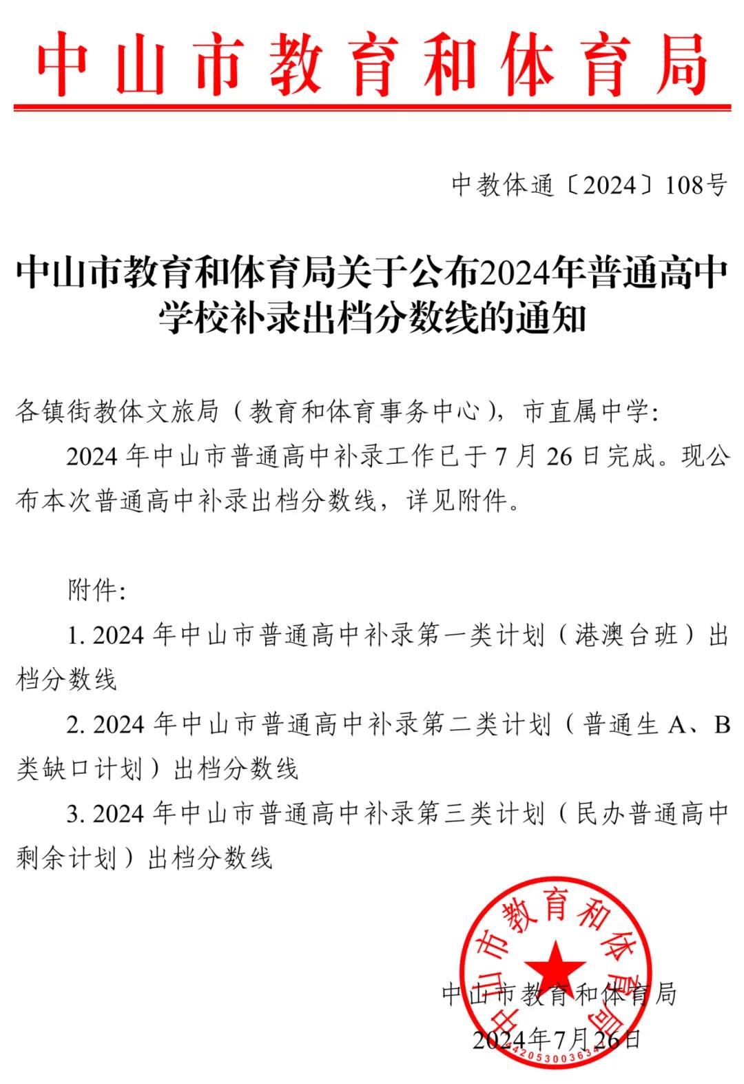 2025年中山中考各高中登科分数线一览表