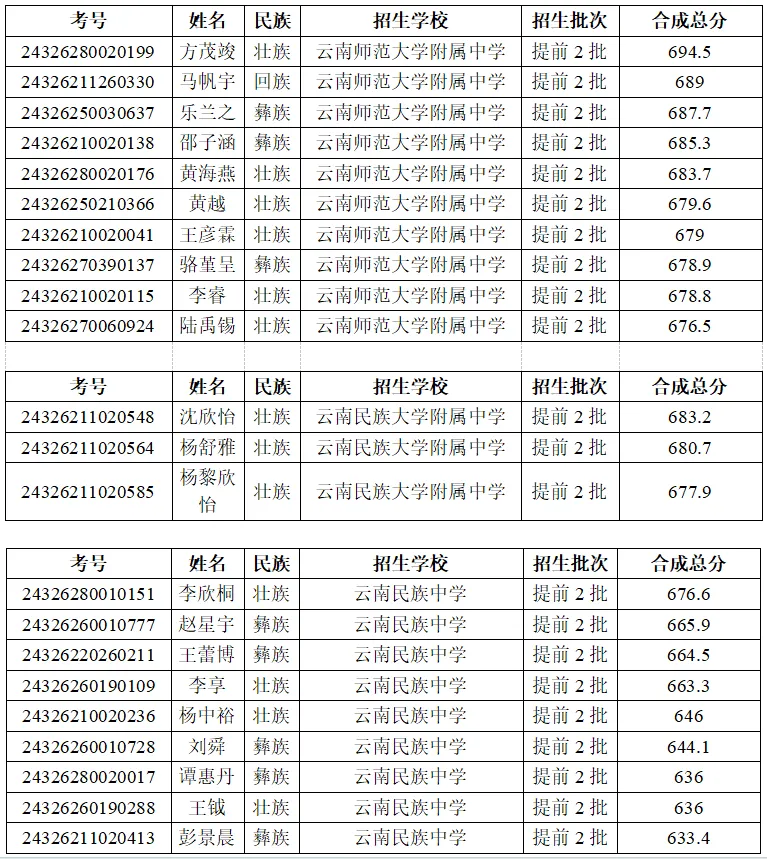 2025年文山中考各高中登科分数线一览表
